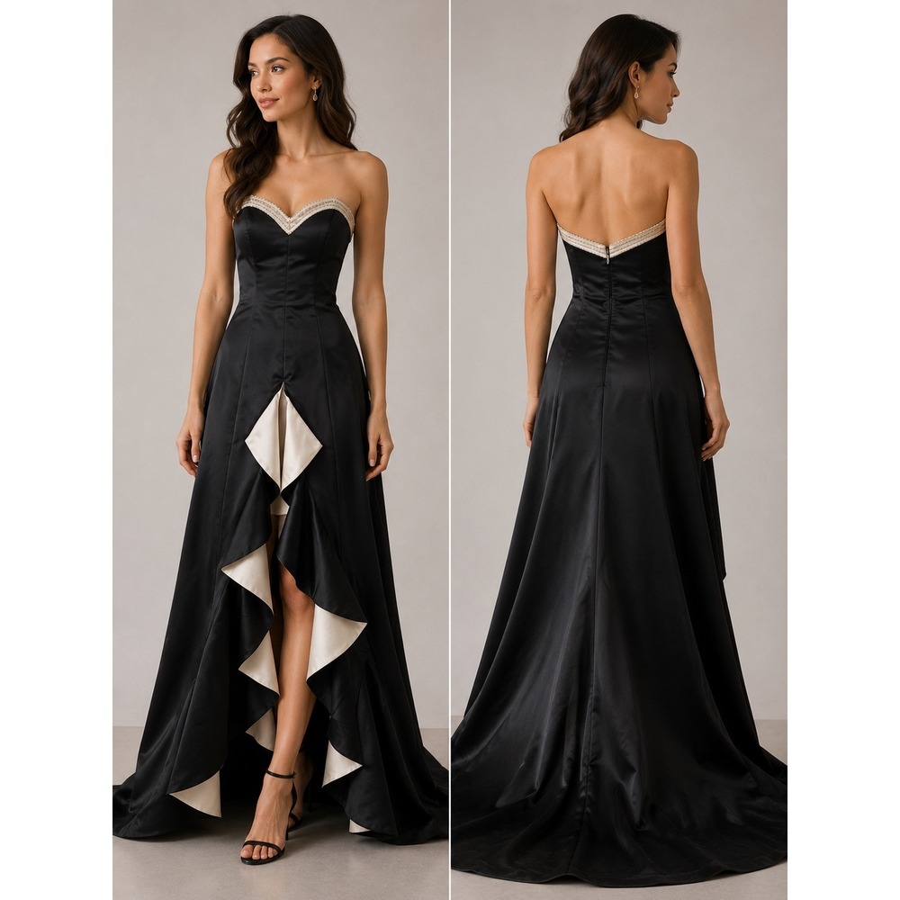 Studio 17 Prom Black White Strapless Beaded High Low Ruffle Gown 2715 Sz 2